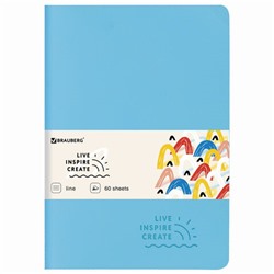 Тетрадь 60 л. в линию обложка кожзам SoftTouch, сшивка, B5 (179х250мм), ГОЛУБОЙ, BRAUBERG RAINBOW, 403886