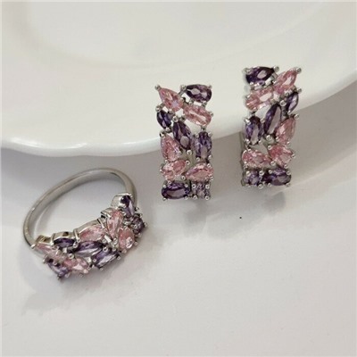 Комплект ювелирная бижутерия, серьги и кольцо посеребрение, розово-фиолетовые камни, р-р 20, 542809 арт.847.776