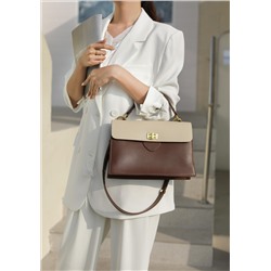 Кожаная женская сумка-портфель, цвет коричневый с бежевым