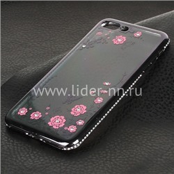Задняя панель для iPhone7 Plus/8 Plus Силикон со стразами Цветы (черный/розовый)