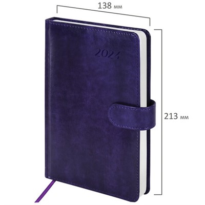 Ежедневник датированный 2024 А5 138x213 мм BRAUBERG "Legend", застёжка, под кожу, фиолетовый, 114864