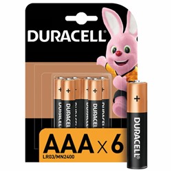 Батарейки КОМПЛЕКТ 6 шт., DURACELL Basic ОРИГИНАЛ, ААА (LR03, 24А), алкалиновые, мизинчиковые, Б0014858