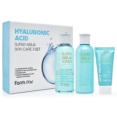 Набор средств по уходу за кожей с гиалуроновой кислотой Hyaluronic Acid Super Aqua Skin Care 3 set, FarmStay, 200 мл*200 мл*50 мл