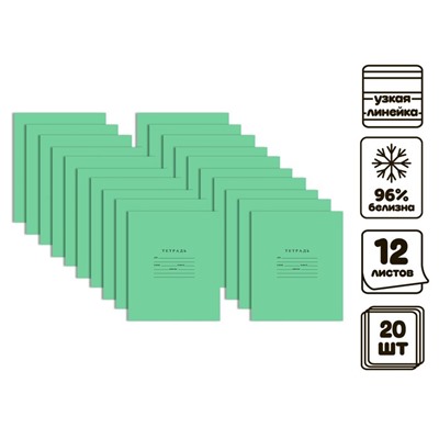 Комплект тетрадей из 20 штук, 12 листов в узкую линию Бумажная фабрика "Зелёная обложка", 60 г/м2, блок офсет, белизна 96%