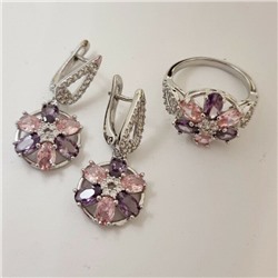 Комплект ювелирная бижутерия, серьги и кольцо посеребрение, камни розово-фиолетового цвета, р-р 19, 542809 арт.847.815