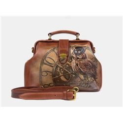 Коньячная кожаная сумка с росписью из натуральной кожи «W0023 Cognac Сова Стимпанк»