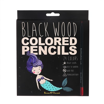 Карандаши 24 цвета BlackWoodColor, пластиковые, трёхгранные, МИКС