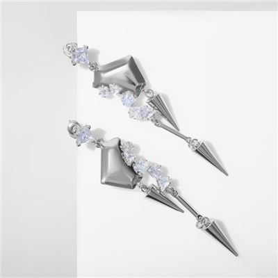 Серьги висячие со стразами «Циркон» льдинки, цвет белый в серебре, 7 см