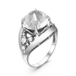 Кольцо женское из серебра с крупным плавленым кварцем цвета горный хрусталь и фианитами родированное