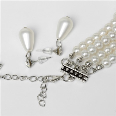 Набор 2 предмета: серьги, колье «Леди» 4 нити, цвет белый в серебре, 45 см