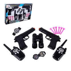 Игровой набор шпиона «Двойной агент»: 2 пистолета, 2 рации, часы, компас, бинокль, уценка