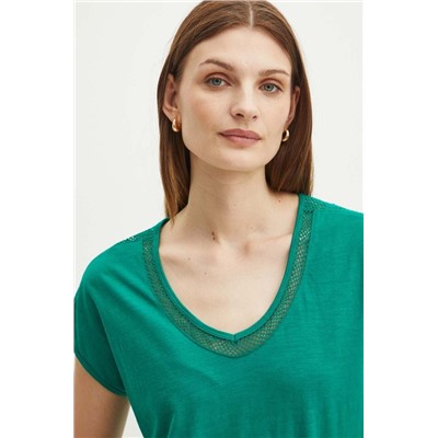 T-shirt bawełniany damski z ozdobnymi wstawkami kolor zielony