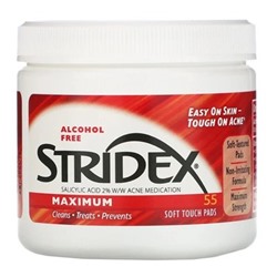Stridex, Одношаговое средство от угрей, максимальная сила, без спирта, 55 мягких салфеток