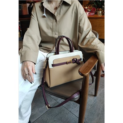 Кожаная женская сумка-портфель, цвет коричневый с молочным