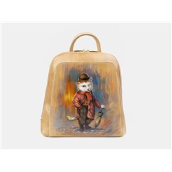 Бежевый кожаный рюкзак с росписью из натуральной кожи «R0023 Beige Викторианский кот»