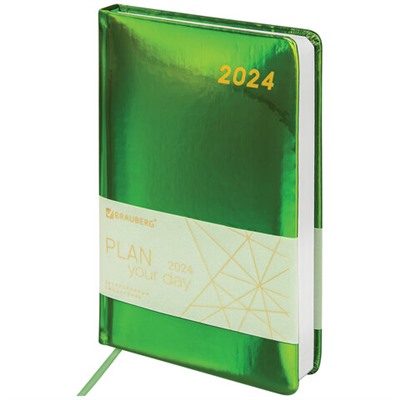 Ежедневник датированный 2024 А5 138x213 мм, BRAUBERG "Holiday", под кожу, "зеркальный", зеленый, 114845