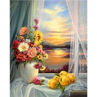 Картина по номерам 40х50 - Цветы и фрукты на окне