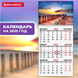 Календарь квартальный на 2025 г., 1 блок, 1 гребень, бегунок, мелованная бумага, BRAUBERG, "Пейзаж", 116127