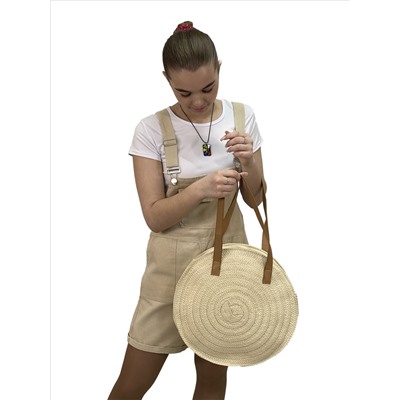 Круглая плетеная сумка из соломы с длинными ручками, цвет молочный