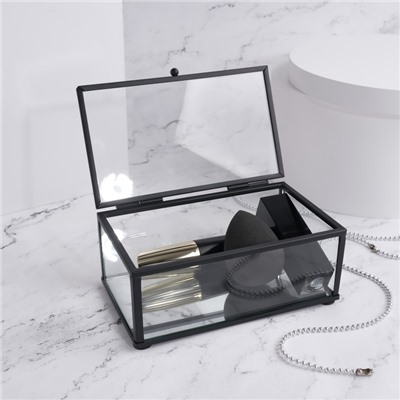 Органайзер для хранения, 1 секция, с крышкой, стеклянный, с зеркальным основанием, 14,5 × 8,5 см, цвет прозрачный/чёрный