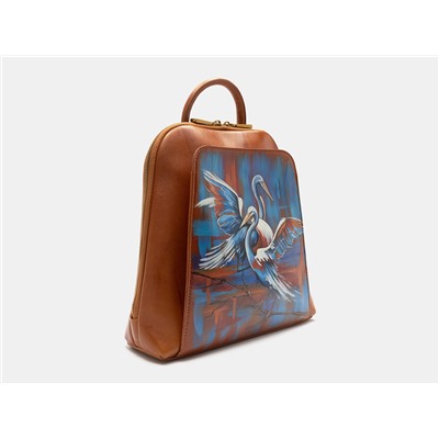 Рыжий кожаный рюкзак с росписью из натуральной кожи «R0023 Ohra Цапли»