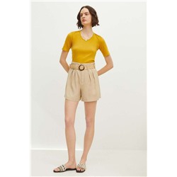T-shirt bawełniany damski prążkowany z domieszką elastanu kolor żółty