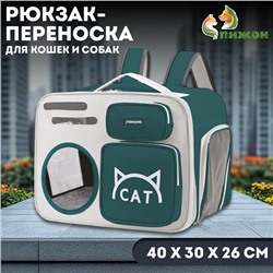 Рюкзак для переноски кошек и собак, прозрачный, 40 х 30 х 26 см, серо-зелёный