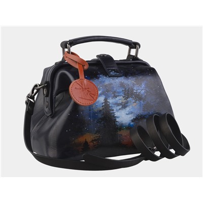 Черная кожаная сумка с росписью из натуральной кожи «W0013 Black Аврора»
