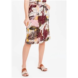 Palm Print Belted Linen Skirt