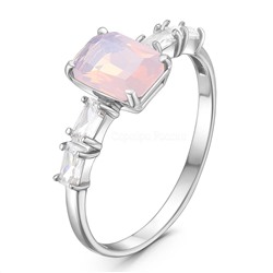 Кольцо женское из серебра с плавленым кварцем цвета лунный розовый и фианитами родированное 1-405р236
