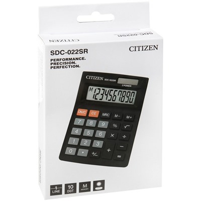 Калькулятор настольный Citizen "SDC-022SR", 10-разрядный, 88 х 127 х 23 мм, двойное питание, черный