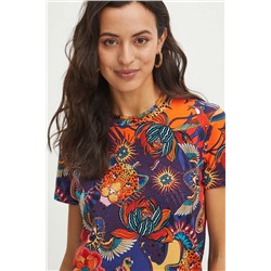 T-shirt bawełniany damski z domieszką elastanu wzorzysty kolor multicolor
