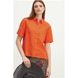 Koszula lniana damska oversize gładka kolor pomarańczowy