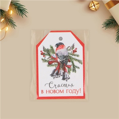Открытка-шильдик на подарок «Счастья в новом году!», снегирь, акварельный картон 5 × 7 см     961411