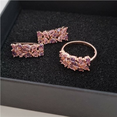 Комплект серьги и кольцо позолота, розово-фиолетовые камни, р-р 20, 542809 арт.847.732