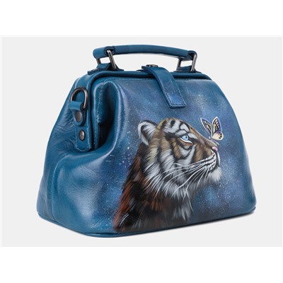 Аквамариновая кожаная сумка с росписью из натуральной кожи «W0013 Aqua Тигр знакомство»
