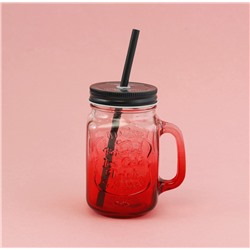 Кружка банка для напитков с трубочкой Colorful (красный)