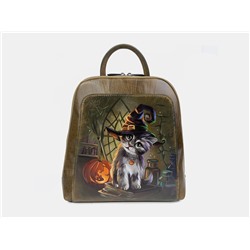 Оливковый кожаный рюкзак с росписью из натуральной кожи «R0023 Olive Ведьмин кот»
