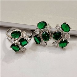 Комплект ювелирная бижутерия, серьги и кольцо посеребрение, камни зеленые, р-р 20, 57228 арт.847.883