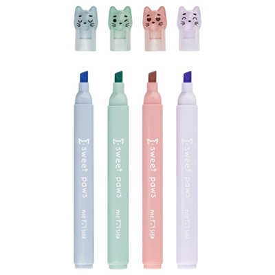 Набор текстовыделителей MESHU "Paw pastel", 4 пастельных цвета, 1-4мм, блистер с европодвесом