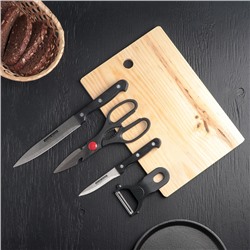 Набор кухонный, 5 предметов: ножи 9,2 см, 15,2 см, овощечистка, ножницы, доска, цвет чёрный