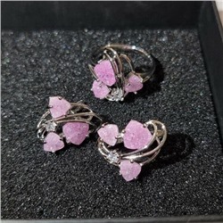 Комплект ювелирная бижутерия, серьги и кольцо посеребрение, камни цвет розовый матовый, р-р 20, 77221 арт.847.923