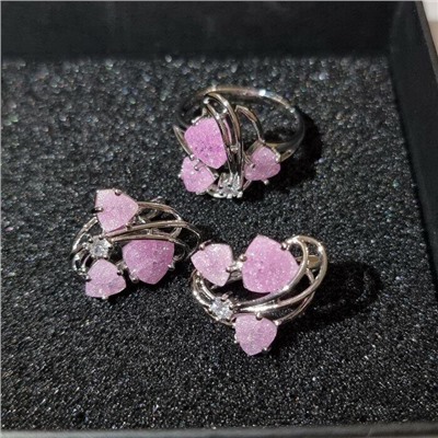 Комплект ювелирная бижутерия, серьги и кольцо посеребрение, камни цвет розовый матовый, р-р 18, 77221 арт.847.921