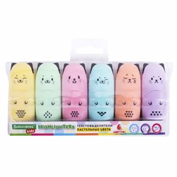 Набор текстовыделителей мини 6 ЦВЕТОВ BRAUBERG KIDS "CUTE CATS PASTEL", линия 1-5 мм, 152436