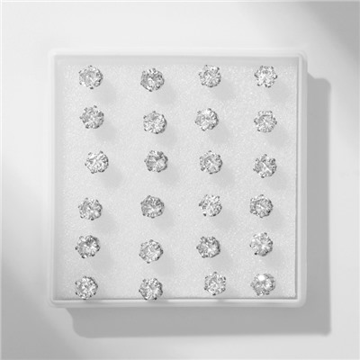 Пусеты в коробочке набор 12 пар «Гвоздики», цвет белый в серебре