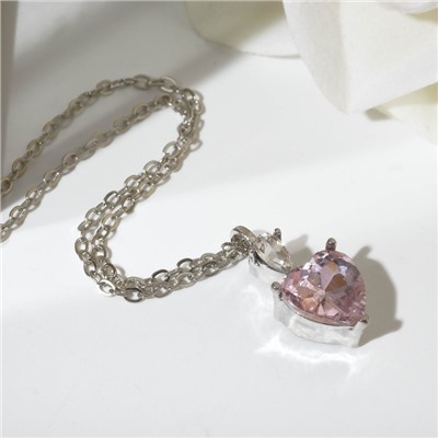 Кулон «Сердечко» со стразой, цвет бело-розовый в серебре, 42 см