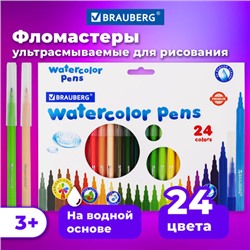 Фломастеры BRAUBERG "PREMIUM", 24 цвета, УЛЬТРАСМЫВАЕМЫЕ, классические, вентилируемый колпачок, картонная коробка с европодвесом, 151940