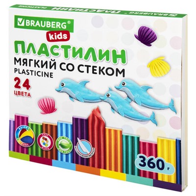 Пластилин мягкий восковой BRAUBERG KIDS, 24 цвета, 360 г, со стеком, 106498