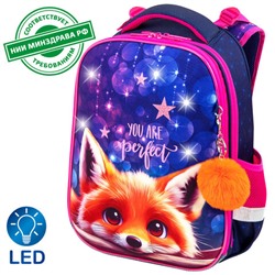 Ранец BRAUBERG PREMIUM, 2 отделения, с брелоком, "Cute fox", LED-ЛАМПОЧКИ, 38х29х16 см, 272019