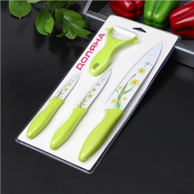 Набор кухонный, 4 предмета: 3 ножа с антиналипающим покрытием, лезвие 8,5 см, 12 см, 20 см, овощечистка, цвет зелёный